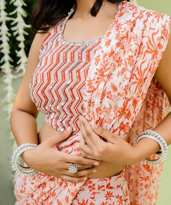 Reddish Orange Embroidered Sharara Saree Set 4