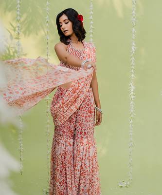 Reddish Orange Embroidered Sharara Saree Set 5