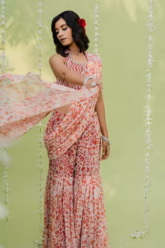 Reddish Orange Embroidered Sharara Saree Set