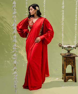 Red Embroidered Drape Saree Set 1