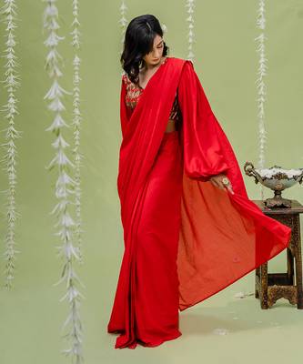 Red Embroidered Drape Saree Set 2