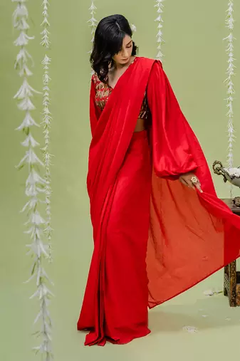 Red Embroidered Drape Saree Set