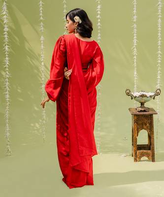 Red Embroidered Drape Saree Set 3