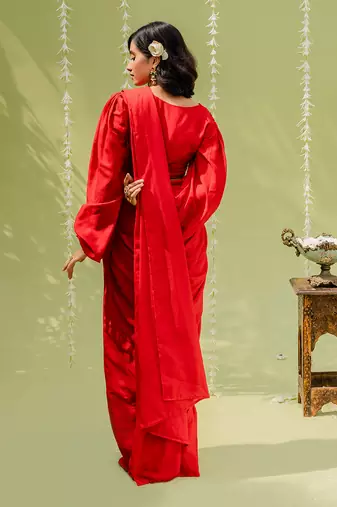 Red Embroidered Drape Saree Set