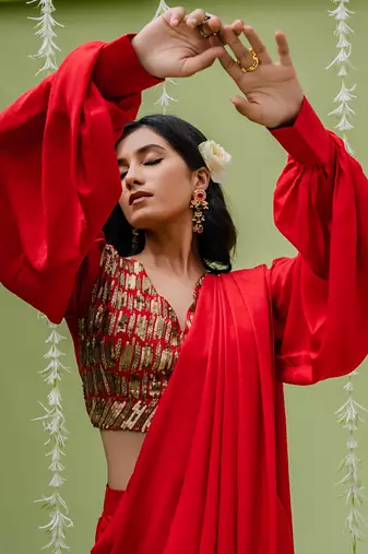 Red Embroidered Drape Saree Set