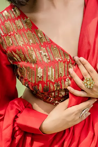 Red Embroidered Drape Saree Set