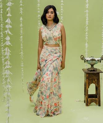 Off White Printed Embroidered Saree Set 1