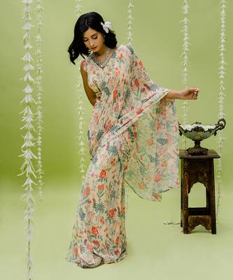 Off White Printed Embroidered Saree Set 2