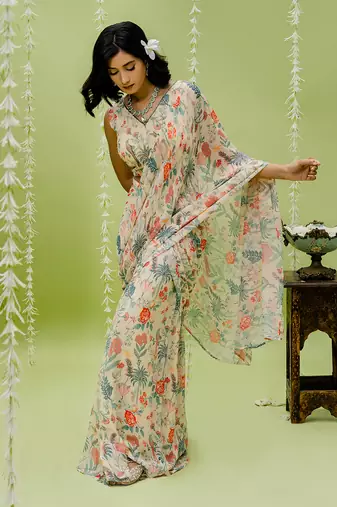 Off White Printed Embroidered Saree Set