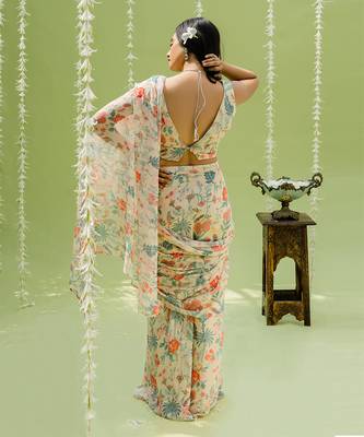 Off White Printed Embroidered Saree Set 3