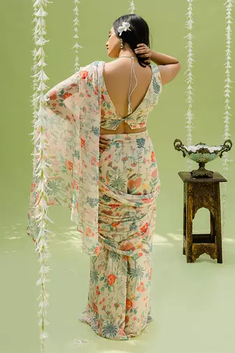 Off White Printed Embroidered Saree Set