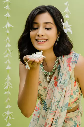 Off White Printed Embroidered Saree Set