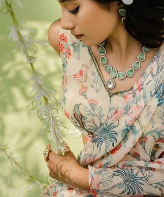 Off White Printed Embroidered Saree Set 5