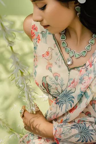 Off White Printed Embroidered Saree Set