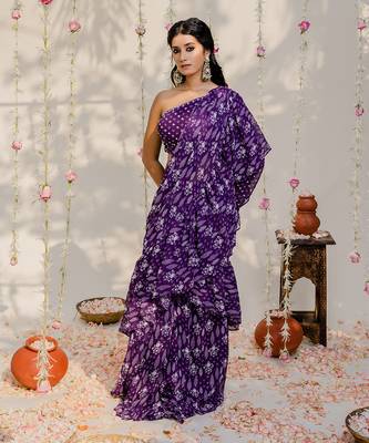 Purple Printed Embroidered Saree Set 1