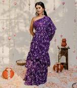Purple Printed Embroidered Saree Set
