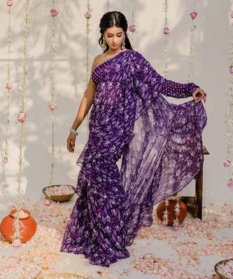 Purple Printed Embroidered Saree Set 2
