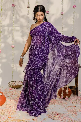 Purple Printed Embroidered Saree Set