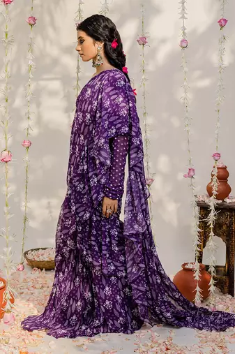 Purple Printed Embroidered Saree Set