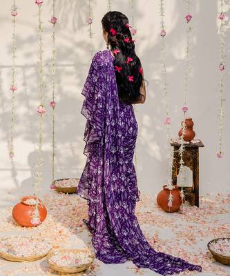 Purple Printed Embroidered Saree Set 4