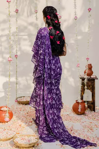 Purple Printed Embroidered Saree Set
