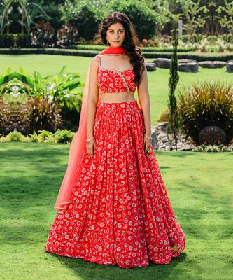 Cherry Red Floral Printed Lehenga Set 1