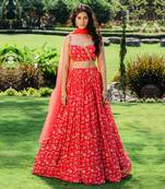 Cherry Red Floral Printed Lehenga Set