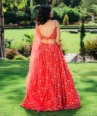 Cherry Red Floral Printed Lehenga Set 2