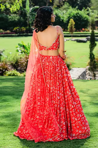Cherry Red Floral Printed Lehenga Set