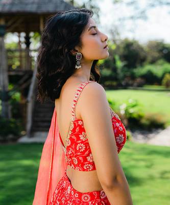 Cherry Red Floral Printed Lehenga Set 4