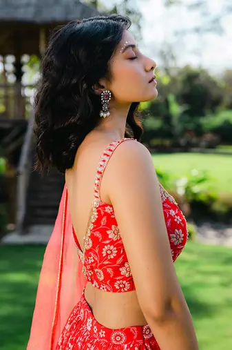 Cherry Red Floral Printed Lehenga Set