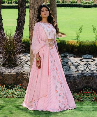 Blush Pink Floral Printed Embroidered Lehenga Set 1