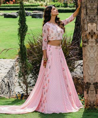 Blush Pink Floral Printed Embroidered Lehenga Set 2
