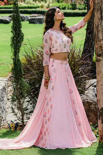 Blush Pink Floral Printed Embroidered Lehenga Set