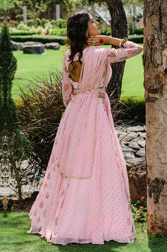 Blush Pink Floral Printed Embroidered Lehenga Set
