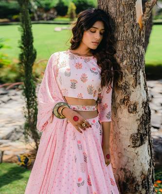 Blush Pink Floral Printed Embroidered Lehenga Set 4