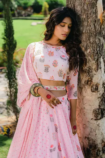Blush Pink Floral Printed Embroidered Lehenga Set