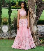 Blush Pink Floral Printed Embroidered Flared Skirt Set