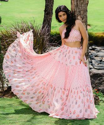 Blush Pink Floral Printed Embroidered Flared Skirt Set 2