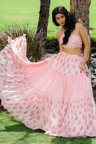 Blush Pink Floral Printed Embroidered Flared Skirt Set