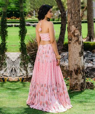 Blush Pink Floral Printed Embroidered Flared Skirt Set 3