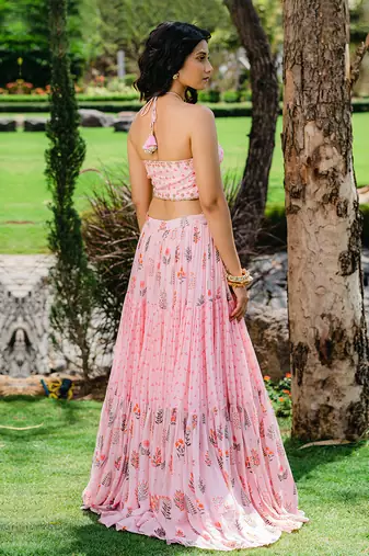 Blush Pink Floral Printed Embroidered Flared Skirt Set