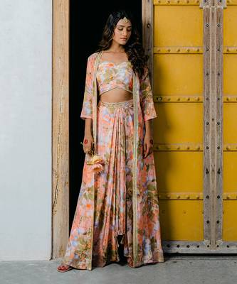 Coral Peach Printed & Embroidered Skirt Set 1