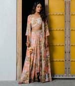 Coral Peach Printed & Embroidered Skirt Set