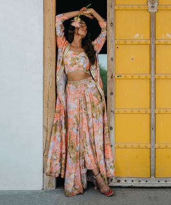 Coral Peach Printed & Embroidered Skirt Set 2