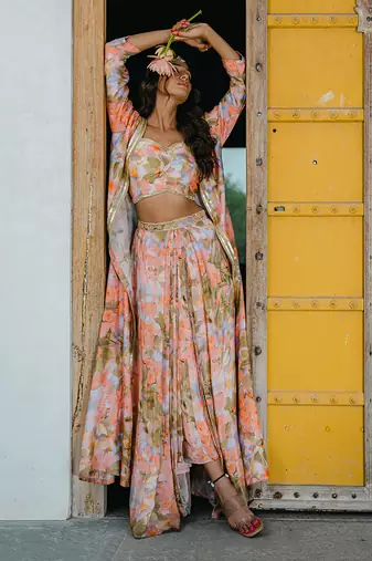 Coral Peach Printed & Embroidered Skirt Set