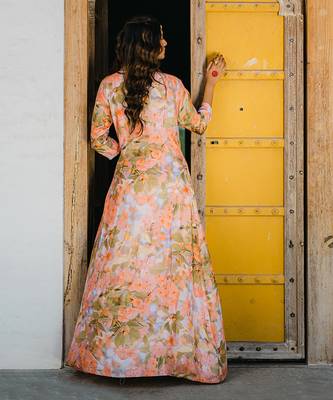 Coral Peach Printed & Embroidered Skirt Set 3