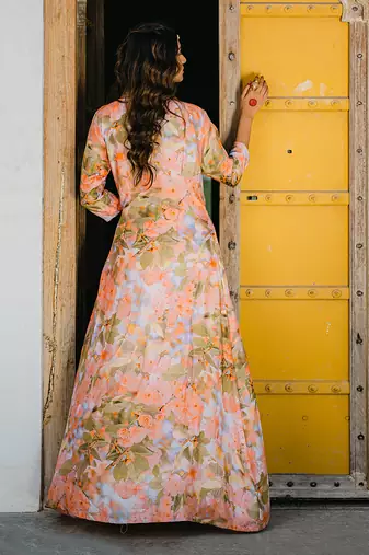Coral Peach Printed & Embroidered Skirt Set