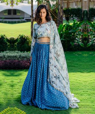Powder Blue Printed & Embroidered Lehenga Set 1