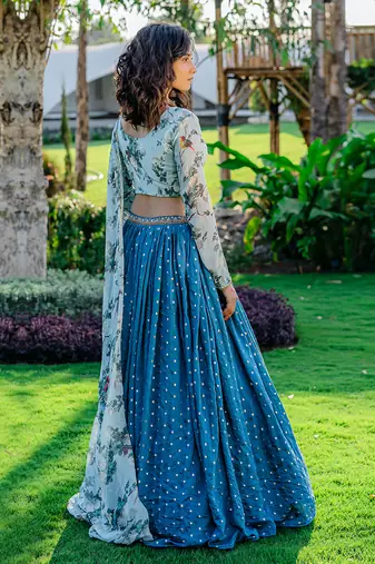 Powder Blue Printed & Embroidered Lehenga Set